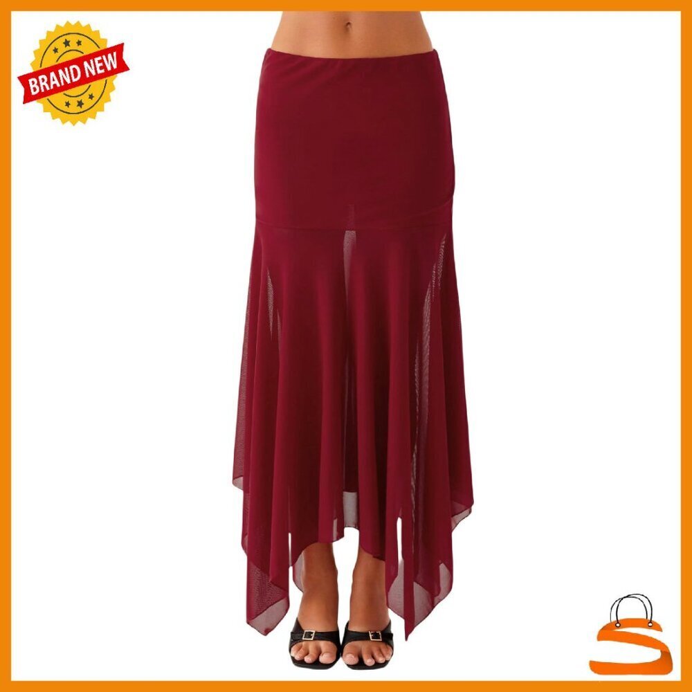 Flowy Mesh Maxi Skirt Elastic Waist Asymmetrical Y2K Vintage
